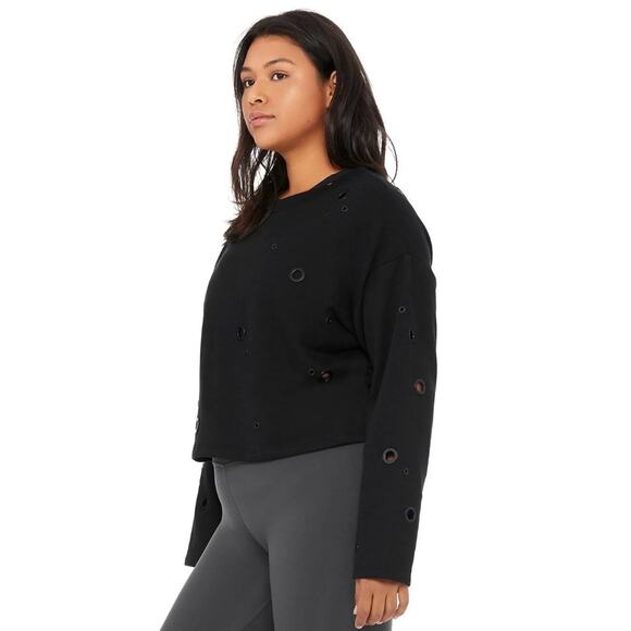Alo Sweatshirt Cadence Black Crop Circle Metal Ring Pullover Size Medium - Picture 1 of 6